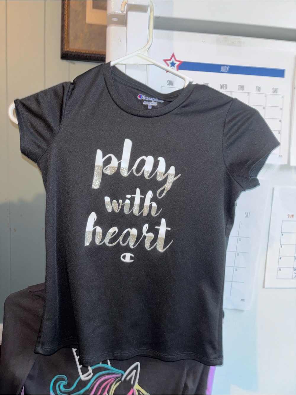 Champion Black Short Sleeve Tee with Metallic Silver 'Play With Heart' Script